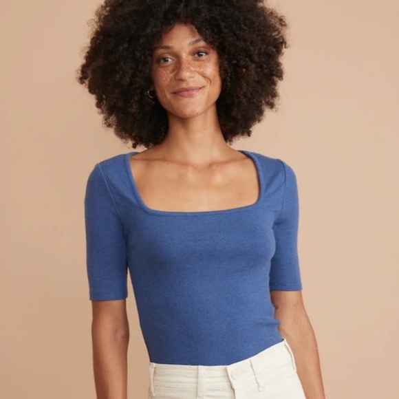 Marine Layer Tops - Marine Layer Lexi Rib Square Neck Top in Blue Heather